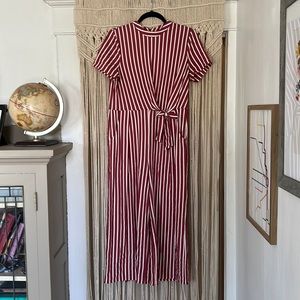 White and rust colored striped jumpsuit, 20” inseam.